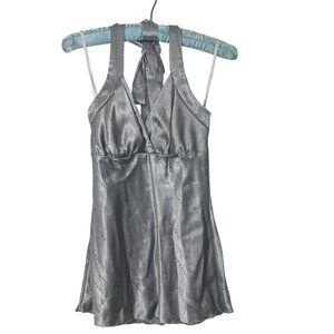 Girl Talk Gray Satin Rhinestone Halter Babydoll Top Y2K Party Tank Medium